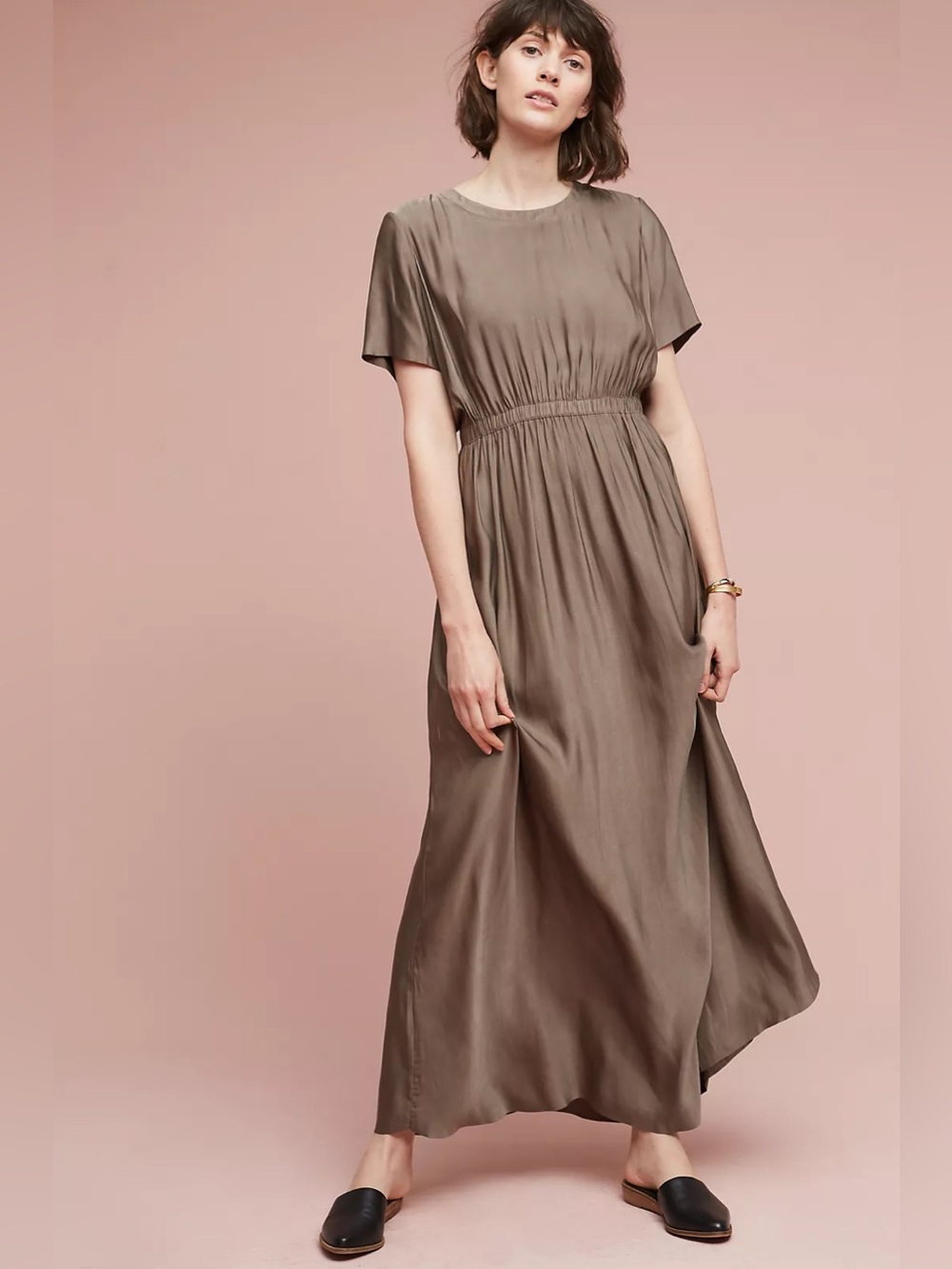 anthropologie Storm & Marie Taupe Grey Short-Sleeve Maxi Dress